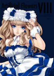 Rule 34 | 1girl, arm ribbon, arm up, bare shoulders, blonde hair, blue background, blue eyes, blue flower, blue rose, blunt bangs, chin strap, dress, expressionless, eyelashes, flower, frilled dress, frills, hairband, hand in own hair, kunishige keiichi, lace, lips, lolita fashion, lolita hairband, long hair, looking at viewer, makeup, ribbon, rose, solo, strapless, strapless dress, wavy hair, wrist cuffs