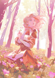 Rule 34 | 1girl, abi (no.129), absurdres, blonde hair, blue eyes, branch, commentary, dappled sunlight, day, dress, earrings, english commentary, field, fire emblem, fire emblem: three houses, fire emblem warriors: three hopes, floating hair, flower, flower field, forest, gloves, grass, highres, holding, holding flower, jewelry, long sleeves, looking up, medium hair, mercedes von martritz, nature, nintendo, official alternate costume, official alternate hairstyle, on grass, open mouth, outdoors, petals, sitting, smile, solo, sunlight, tree, white gloves, wind