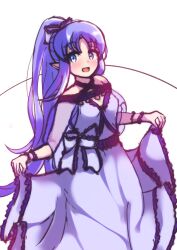Rule 34 | 1girl, :d, absurdres, bare shoulders, blue bow, blue dress, blue eyes, blush, bow, breasts, dress, fate/grand order, fate (series), highres, long hair, looking at viewer, medea (lily) (fate), open mouth, parted bangs, ponytail, purple hair, simple background, skirt hold, small breasts, smile, solo, very long hair, white background, wrist cuffs, yuya090602