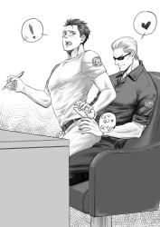 Rule 34 | !, 2boys, albert wesker, bara, belt, blush, chris redfield, collared shirt, greyscale, heart, holding, holding pen, looking at another, male focus, monochrome, multiple boys, muscular, muscular male, open mouth, pants, pen, resident evil, resident evil 1, shirt, short hair, sitting, sitting on person, sleeves rolled up, sunglasses, yaoi, you mama n