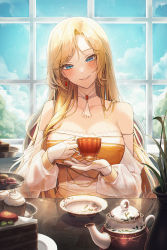 Rule 34 | 1girl, absurdres, bare shoulders, blonde hair, blue eyes, blush, breasts, choker, cloud, cup, cupcake, dress, earrings, elbow gloves, food, gloves, highres, holding, holding cup, indoors, jewelry, large breasts, long hair, looking at viewer, meoyo, nail polish, off-shoulder dress, off shoulder, original, parted bangs, parted lips, plant, plate, potted plant, reflection, see-through, see-through sleeves, sitting, sky, smile, solo, table, tassel choker, teacup, teapot, upper body, window, yellow nails