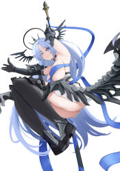 Rule 34 | 1girl, absurdres, alsace (azur lane), arm up, armored boots, armored legwear, armpits, ass, azur lane, bare shoulders, between breasts, black gloves, black thighhighs, black tiara, blue eyes, blue hair, blue ribbon, boots, breast strap, breastless clothes, breasts, cleavage, closed mouth, commentary, detached collar, dress, full body, gauntlets, gloves, halo, halo behind head, highres, holding, large breasts, long hair, looking at viewer, morigami (morigami619), no mask, one eye closed, parted bangs, ribbon, sidelocks, simple background, skindentation, solo, thighhighs, tiara, very long hair, white background, white dress, wings