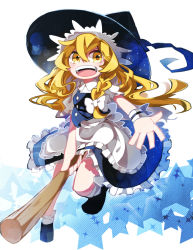 Rule 34 | 1girl, bad id, bad pixiv id, blonde hair, bow, braid, broom, broom riding, hair bow, hat, highres, kirisame marisa, long hair, looking at viewer, open mouth, outstretched arm, ribbon, sam 58, simple background, smile, solo, star (sky), star (symbol), touhou, white background, witch hat, yellow eyes