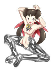 Rule 34 | 1girl, absurdres, angry, blush, bow, breasts, brown hair, clenched hands, creatures (company), game freak, gen 7 pokemon, hand up, hands on own head, highres, large breasts, liquid metal, looking at viewer, meltan, metal, mythical pokemon, nintendo, nipples, nude, open mouth, pink bow, pokemon, pokemon oras, red eyes, roxanne (pokemon), shoukin500, sitting, spread legs, thighhighs, thighs, transformation, twintails, white background