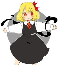 Rule 34 | 1girl, ascot, black skirt, black vest, blonde hair, blush, closed mouth, collared shirt, darkness, fang, hair between eyes, hair ribbon, highres, ini (inunabe00), long sleeves, looking at viewer, outstretched arms, red ascot, red eyes, red ribbon, ribbon, rumia, shirt, short hair, simple background, skin fang, skirt, smile, solo, spread arms, touhou, vest, white background, white shirt