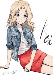 Rule 34 | 10s, 1girl, arm support, artist name, blonde hair, blue eyes, blue jacket, bukkuri, casual, character name, closed mouth, commentary, dated, denim, denim jacket, girls und panzer, hair intakes, jacket, kay (girls und panzer), long hair, long sleeves, looking at viewer, miniskirt, open clothes, open jacket, pencil skirt, red skirt, shirt, signature, simple background, sitting, skirt, sleeves rolled up, smile, solo, white background, white shirt, yokozuwari