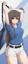 Rule 34 | 1girl, absurdres, arms up, bang dream!, bare arms, belt, black belt, blue background, blue shirt, breasts, brown hair, collarbone, commentary, cowboy shot, fingernails, green eyes, grey background, grin, guitar case, hair between eyes, hanazono tae, highres, holding, holding case, instrument case, kanotype, light blush, long hair, looking at viewer, medium breasts, pocket, shirt, shirt tucked in, short shorts, short sleeves, shorts, sidelocks, smile, solo, standing, two-tone background, up sleeve, very long hair, white shorts