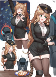 Rule 34 | +++, 1girl, 1other, :d, ;d, ambiguous gender, animal ears, arknights, artist name, bad id, bad pixiv id, beamed eighth notes, belt, beret, beruko14, black belt, black dress, black headwear, black thighhighs, blonde hair, blush, breasts, cowboy shot, cropped legs, doctor (arknights), dress, drill hair, fang, feet out of frame, fork, green eyes, hat, highres, holding, holding fork, holding glowstick, holding knife, holding microphone, knee pads, knife, large breasts, locked arms, long hair, microphone, multiple views, music, musical note, one eye closed, open mouth, shirt, singing, single knee pad, smile, swire (arknights), table, tail, thighhighs, thighs, tiger ears, tiger girl, tiger tail, tonkatsu, very long hair, watch, white shirt, wristwatch