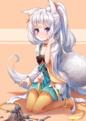 Rule 34 | 1girl, absurdres, animal ears, anklet, aqua dress, blush, breasts, cardigan, closed mouth, collarbone, de da xianyu, dress, fish, fish bone, flats, fox ears, fox tail, frown, hand up, highres, jewelry, kneeling, long hair, looking at viewer, open cardigan, open clothes, orange pantyhose, original, pantyhose, petite, pleated dress, ponytail, purple eyes, sidelocks, silver hair, small breasts, solo, tail, v-shaped eyebrows, very long hair