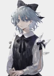 Rule 34 | 1girl, absurdres, black bow, black ribbon, black vest, blue eyes, blue hair, bow, cirno, closed mouth, commentary, eyebrows hidden by hair, frown, grey background, hair bow, highres, ice, ice wings, isshin (kaxz), long sleeves, looking at viewer, neck ribbon, own hands together, ribbon, shirt, short hair, simple background, sleeve cuffs, solo, touhou, upper body, vest, white shirt, wings