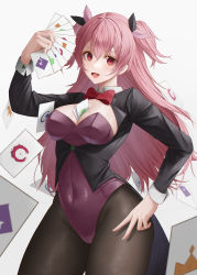Rule 34 | 1girl, absurdres, between breasts, black jacket, black legwear, bow, bowtie, breasts, bsmage, card, cleavage, covered navel, cowboy shot, highres, jacket, large breasts, leotard, long hair, magician, momoi airi, nontraditional playboy bunny, open mouth, pink hair, playing card, project sekai, purple leotard, red bow, red bowtie, red eyes, simple background, smile, strapless, strapless leotard, tailcoat, two side up, white background