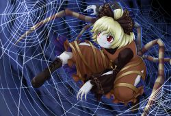 Rule 34 | 1girl, arthropod limbs, black bow, black shirt, blonde hair, blush, boots, bow, brown dress, brown footwear, buttons, closed mouth, commentary request, cross-laced footwear, dress, extra legs, full body, hair bow, hair bun, highres, kurodani yamame, long sleeves, looking to the side, parasite oyatsu, parody, red eyes, ribbon, shirt, short hair, silk, single hair bun, smile, solo, spider web, style parody, touhou, sunken fossil world, turtleneck, yellow ribbon, zun (style)