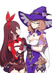 Rule 34 | 2girls, absurdres, amber (genshin impact), bag, bare shoulders, belt, breasts, brown flower, brown rose, capelet, cleavage, dress, eyelashes, flower, genshin impact, gloves, green eyes, hair between eyes, hair ribbon, hat, hat belt, highres, holding hands, jewelry, joyeac, large breasts, lisa (genshin impact), long hair, long sleeves, looking at another, multiple girls, necklace, open mouth, purple dress, purple flower, purple headwear, red eyes, red ribbon, ribbon, rose, short hair, shorts, simple background, thighs, white background, witch hat