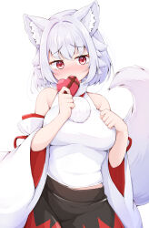 Rule 34 | 1girl, black skirt, box, box of chocolates, breasts, detached sleeves, embarrassed, heart-shaped box, inubashiri momiji, looking at viewer, red eyes, rururiaru, shirt, skirt, sleeveless, sleeveless shirt, solo, touhou, white background, white hair, white shirt, white sleeves