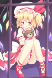 Rule 34 | 1girl, blonde hair, bow, convenient censoring, hugging doll, flandre scarlet, hakuto (28syuku), hat, hat bow, mary janes, no panties, hugging object, red eyes, sash, shoes, solo, stuffed animal, stuffed toy, teddy bear, touhou, wings