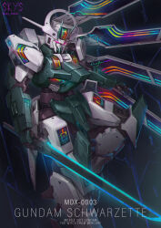 Rule 34 | absurdres, character name, copyright name, eye trail, glowing, glowing eyes, gundam, gundam schwarzette, gundam suisei no majo, highres, holding, holding sword, holding weapon, horns, light trail, looking at viewer, mecha, mecha focus, mobile suit, no humans, open hand, purple eyes, robot, science fiction, sky (sky sheno), solo, sword, twitter username, weapon