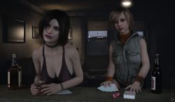 Rule 34 | 2girls, 3d, alcohol, artist request, bare legs, blonde hair, breasts, brown hair, cleavage, dress, eileen galvin, heather mason, highres, lips, looking to the side, medium breasts, multiple girls, playing games, room, short hair, silent hill, silent hill (series), silent hill 3, silent hill 4: the room