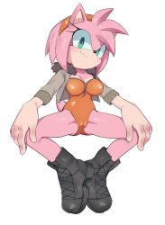 Rule 34 | 1girl, alternate costume, amy rose, animal ears, animal nose, black footwear, blush, body fur, boots, breasts, cameltoe, cleavage, closed mouth, commission, cropped jacket, cross-laced footwear, female focus, full body, fur-trimmed jacket, fur collar, fur trim, furry, furry female, green eyes, green jacket, hairband, hands on own knees, happy, head tilt, highres, jacket, leotard, light blush, looking at viewer, medium breasts, open clothes, open jacket, orange hairband, orange leotard, pink fur, pink hair, r18 (7mii), shiny clothes, shiny skin, short hair, sidelocks, sideways mouth, simple background, sitting, smile, solo, sonic (series), spread legs, strapless, strapless leotard, tail, two-tone fur, white background, zipper, zipper pull tab