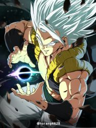 Rule 34 | 1boy, absurdres, dragon ball, dragon ball super, gogeta, grin, highres, horang4628, incoming attack, looking at viewer, male focus, metamoran vest, muscular, muscular male, pants, sash, smile, solo, spiked hair, ultra instinct, white eyes, white hair, white pants