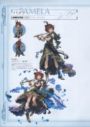 Rule 34 | 10s, 1girl, absurdres, blue eyes, boots, bow, chibi, dress, feathers, flute, frills, full body, granblue fantasy, hair ornament, highres, instrument, knee boots, looking away, minaba hideo, multiple views, musical note, non-web source, official art, one eye closed, pamela (granblue fantasy), red hair, ribbon, scan, short hair, simple background, sleeveless, smile, wrist cuffs