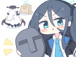 Rule 34 | 2girls, aris (blue archive), black footwear, black halo, blue archive, blue eyes, blue halo, blue necktie, box, cardboard box, chibi, collared shirt, commentary, hair between eyes, halo, hina (blue archive), holding, holding mask, jacket, long hair, looking at viewer, low wings, mask, multiple girls, necktie, no nose, open clothes, open jacket, parted lips, shirt, snake box sneak, umihio, upper body, v-shaped eyebrows, very long hair, white hair, white shirt, wings