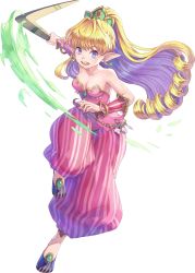 Rule 34 | 1girl, bare shoulders, blonde hair, blue eyes, boomerang, breasts, cleavage, earrings, flipped hair, full body, haccan, high ponytail, highres, holding, holding weapon, jewelry, long hair, looking at viewer, medium breasts, non-web source, official art, open mouth, pointy ears, pointy footwear, primm (seiken densetsu 2), puffy pants, seiken densetsu, seiken densetsu 2, solo, square enix, teeth, transparent background, upper teeth only, weapon