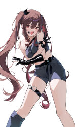 1girl absurdres alternate_costume arm_strap asymmetrical_gloves black_gloves black_nails black_shorts black_tube_top blush breasts brown_hair earpiece flower-shaped_pupils genshin_impact gloves highres hu_tao_(genshin_impact) idol_clothes medium_breasts okey open_mouth partially_fingerless_gloves red_eyes shorts simple_background solo strapless symbol-shaped_pupils tube_top twintails white_background