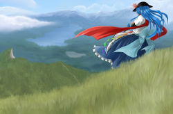 Rule 34 | 1girl, bad id, bad pixiv id, black hat, blue hair, cloud, crossed arms, day, female focus, from behind, grass, hat, highres, hill, hinanawi tenshi, judo fuu, lake, landscape, long hair, mountain, red scarf, scarf, scenery, skirt, solo, standing, touhou