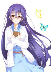 Rule 34 | 10s, 1girl, animal, belt, bespectacled, blue hair, book, brown eyes, bug, butterfly, collarbone, cowboy shot, crossed arms, flying, glasses, highres, holding, holding book, insect, light smile, long hair, long sleeves, looking at viewer, love live!, love live! school idol festival, love live! school idol project, open collar, simple background, solo, sonoda umi, standing, very long hair, white background, yuu (oosakazaijyuu)