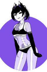 Rule 34 | 1girl, androgynous, animal ears, bra, breasts, calvin klein, cleavage, colored skin, cowboy shot, earrings, elbow gloves, english text, gloves, highres, idkuroi, jewelry, kokubunji suou, looking at viewer, monochrome, multicolored hair, original, panties, purple theme, short hair, skeleton, smile, solo, streaked hair, see-through body, underwear, underwear only, white skin