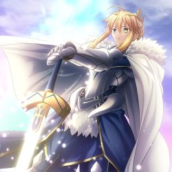 Rule 34 | 1girl, ahoge, armor, artoria pendragon (fate), artoria pendragon (lancer) (fate), blonde hair, braid, cape, closed mouth, cloud, commentary request, crown, excalibur (fate/stay night), fate/grand order, fate (series), female knight, french braid, fur-trimmed cape, fur trim, gauntlets, glowing, glowing weapon, green eyes, hair between eyes, hair ornament, holding, holding sword, holding weapon, light particles, lion king (lancer) (fate), looking away, outdoors, shoori (migiha), short hair, sidelocks, sky, solo, sword, weapon, white cape