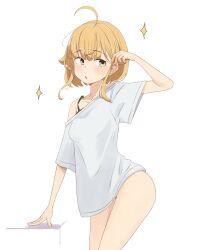 Rule 34 | 1girl, black bra, blonde hair, blush, bra, breasts, eyebrows hidden by hair, feet out of frame, green eyes, highres, long bangs, looking to the side, mushoku tensei, no pants, norn greyrat, open mouth, playing with own hair, root (1732050807point), shirt, short hair, simple background, small breasts, solo, sparkle, underwear, white background, white shirt, wide sleeves