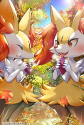 Rule 34 | 2girls, :3, :t, ^ ^, animal ear fluff, animal ears, animal nose, artist name, autumn leaves, black fur, blue sky, blush, body fur, braixen, chewing, chromatic aberration, closed eyes, closed mouth, creatures (company), crumbs, day, eating, ekm, english text, falling leaves, fangs, female focus, flat chest, food, food bite, food on face, fox ears, fox girl, fox tail, furry, furry female, game freak, gen 6 pokemon, grass, hands up, happy, highres, holding, holding food, leaf, maple leaf, multicolored fur, multiple girls, neck fur, nintendo, open mouth, outdoors, own hands together, pokemon, pokemon (creature), red eyes, sky, smile, snout, standing, steam, sunlight, sweet potato, tail, tree, watermark, white fur, wide hips, yellow fur
