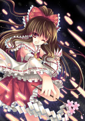 Rule 34 | 1girl, bad id, bad pixiv id, bow, branch, brown hair, cherry blossoms, detached sleeves, female focus, frills, gohei, hair bow, hakurei reimu, half updo, japanese clothes, miko, ofuda, one eye closed, open mouth, red eyes, sarashi, short hair, smile, solo, sousouman, touhou