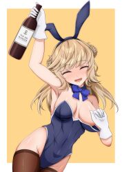 Rule 34 | 1girl, animal ears, bell shireikan, blonde hair, blue bow, blue bowtie, blue leotard, blush, bottle, bow, bowtie, breasts, brown thighhighs, convenient hand, cowboy shot, detached collar, detached sleeves, double bun, drunk, eyebrows hidden by hair, flat color, gloves, hair bun, highres, kantai collection, large breasts, leotard, long hair, nose blush, one-hour drawing challenge, playboy bunny, rabbit ears, ranger (kancolle), solo, strapless, strapless leotard, thighhighs, twitter username, two-tone background, white gloves, wine bottle, yellow background