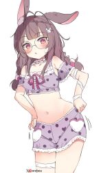 1girl :&lt; adjusting_clothes animal_ear_fluff animal_ears blush braid breasts brown_hair choker fallenshadow fallenshadow_(pajamas) frilled_choker frilled_shirt frilled_shorts frills glasses hair_ornament hairpin highres indie_virtual_youtuber looking_at_viewer low_twin_braids navel official_alternate_costume official_alternate_hairstyle orobou pajamas patreon_logo patreon_username pink_eyes pink_pajamas pink_shorts rabbit_ears rabbit_hair_ornament round_eyewear shirt shorts simple_background small_breasts solo standing twin_braids twitter_username twitter_x_logo virtual_youtuber white_background