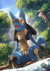 Rule 34 | absurdres, blue sky, blush, creatures (company), fangs, game freak, gen 1 pokemon, gen 4 pokemon, highres, legendary pokemon, legna (legna 161cm), looking ahead, lucario, mew (pokemon), mythical pokemon, nintendo, open mouth, orange eyes, outdoors, pokemon, pokemon (creature), sitting, sky, soaking feet, tree