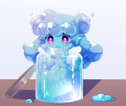 Rule 34 | 1girl, chibi, commentary, highres, in container, in jar, jar, long hair, mini person, minigirl, monster girl, open mouth, original, pink eyes, piyo 0426, reaching, reaching towards viewer, simple background, slime (substance), slime girl, solo, table