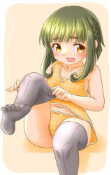 Rule 34 | 1girl, bob cut, braid, brown eyes, camisole, commentary request, feet out of frame, green hair, grey thighhighs, kantai collection, one-hour drawing challenge, panties, ray.s, short hair, short hair with long locks, sidelocks, sitting, solo, takanami (kancolle), thighhighs, underwear, underwear only, yellow camisole, yellow panties