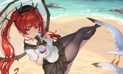 Rule 34 | 1girl, absurdres, azur lane, beach, bird, black footwear, black pantyhose, breasts, day, drink, drinking straw, full body, god hunter, hat, highres, honolulu (azur lane), honolulu (umbrella girl) (azur lane), legs together, long hair, looking at viewer, medium breasts, miniskirt, motion blur, ocean, pantyhose, red eyes, red hair, rock, sailor collar, seagull, shirt, shoes, short sleeves, sitting, skirt, solo, starfish, twintails, umbrella