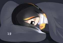 Rule 34 | 1girl, bed, black hair, blanket, brown eyes, cellphone, closed mouth, commentary request, emperor penguin (kemono friends), hair between eyes, hair over one eye, headphones, kemono friends, lets0020, long bangs, messy hair, multicolored hair, numbered, orange hair, phone, pillow, screen light, short hair, smartphone, smile, solo, split mouth, streaked hair, under covers, upper body