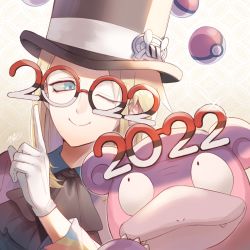 Rule 34 | 1boy, 2022, ascot, avery (pokemon), black ascot, black headwear, blonde hair, blue eyes, closed mouth, commentary request, creatures (company), eyelashes, floating, floating object, galarian slowbro, game freak, glasses, gloves, hand up, hat, jandara rin, long hair, male focus, nintendo, one eye closed, poke ball, poke ball (basic), pokemon, pokemon (creature), pokemon swsh, shirt, signature, smile, telekinesis, top hat, white gloves