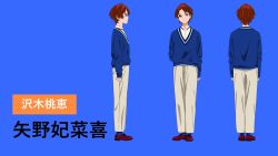Rule 34 | 1girl, blue background, blue sweater, character sheet, commentary, loafers, mole, mole under eye, official art, red hair, sawaki momoe, shirt, shoes, short hair, simple background, pants, socks, sweater, white shirt, wonder egg priority
