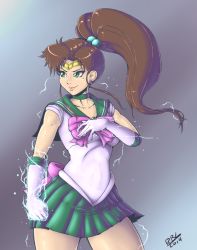 Rule 34 | 1990s (style), 1girl, back bow, bishoujo senshi sailor moon, bow, brown hair, choker, clenched hand, earrings, elbow gloves, electricity, gloves, green eyes, green sailor collar, green skirt, hair bobbles, hair ornament, jewelry, kino makoto, leotard, long hair, magical girl, miniskirt, pink bow, pleated skirt, ponytail, randomboobguy, redrawn, retro artstyle, revision, sailor collar, sailor jupiter, sailor senshi uniform, signature, skirt, smile, smirk, solo, tiara, white gloves