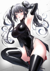 Rule 34 | 1girl, absurdres, arm behind head, arm up, armpits, bare shoulders, black footwear, black gloves, blush, boots, breasts, china dress, chinese clothes, covered navel, dress, elbow gloves, gloves, gradient background, grey background, grey eyes, grey hair, high heel boots, high heels, highres, large breasts, latex, latex dress, latex gloves, latex legwear, long hair, looking at viewer, open mouth, original, short dress, side slit, slit pupils, solo, thigh boots, thighhighs, thighs, twintails, ulrich (tagaragakuin)