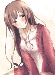 Rule 34 | 1girl, :o, alternate hairstyle, argyle, argyle clothes, argyle sweater, baran. (ba ra ran), blush, breasts, brown hair, camisole, head tilt, highres, idolmaster, idolmaster cinderella girls, igarashi kyoko, jacket, lace-trimmed camisole, lace trim, long hair, looking at viewer, medium breasts, red jacket, ribbed camisole, simple background, solo, strap slip, sweater, sweater jacket, wavy hair, white camisole