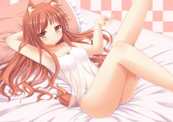 Rule 34 | 1girl, animal ears, ass, beckoning, bed, blush, breasts, brown eyes, brown hair, camisole, come hither, fox ears, fox tail, frilled pillow, frills, lingerie, long hair, looking at viewer, lying, on back, original, panties, pillow, see-through, shiny skin, shirt, small breasts, smile, solo, tail, taut clothes, taut shirt, underwear, underwear only, white panties, yuu (yu0221f)