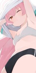 Rule 34 | 1girl, black panties, blue archive, bra, brown eyes, closed mouth, commentary, flat chest, halo, highres, hiroki (yyqw7151), hoshino (blue archive), long hair, looking at viewer, one eye closed, panties, pink hair, shirt, simple background, underwear, upshirt, white background, white bra, white halo, white shirt