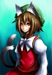 1girl animal_ears brown_eyes brown_hair cat_ears cat_girl chen earrings female_focus jewelry multiple_tails short_hair smile solo tail touhou upper_body ura_(05131)