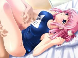 Rule 34 | 1boy, 1girl, bed, blue eyes, blush, breasts, censored, game cg, hair ornament, hairclip, hetero, large breasts, legs up, lying, on back, one-piece swimsuit, open mouth, penis, pillow, pink hair, school swimsuit, shiny clothes, short hair, source request, sweat, swimsuit, thigh sex, thighs